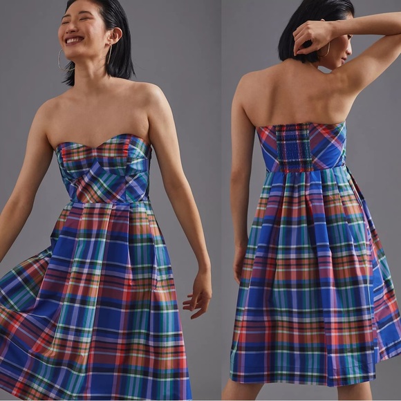 Anthropologie Dresses & Skirts - Anthropologie Maeve Plaid A-Line Silk Blend Mini Retro Dress